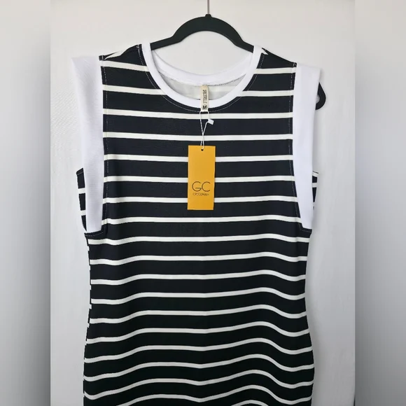 Grecerelle Black & White Striped Maxi Dress Pockets Slit Minimalist Clean Girl - Picture 3 of 14